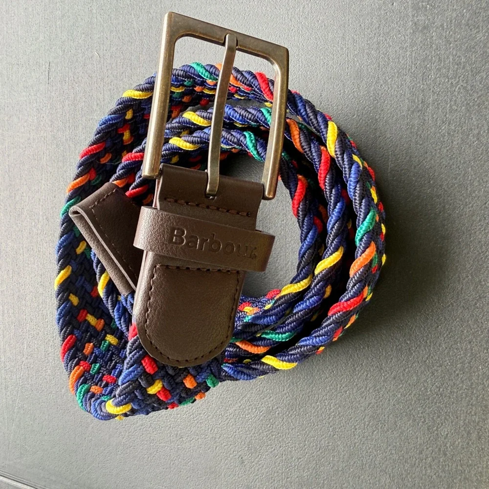 Barbour Mens Woven Stretch Belt Multicolor Navy Blue Red Yellow Green Braided